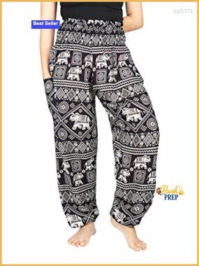 Harem Boho Pants Smocked High Waist Wide Leg Loose Fit Rayon Women Yoga